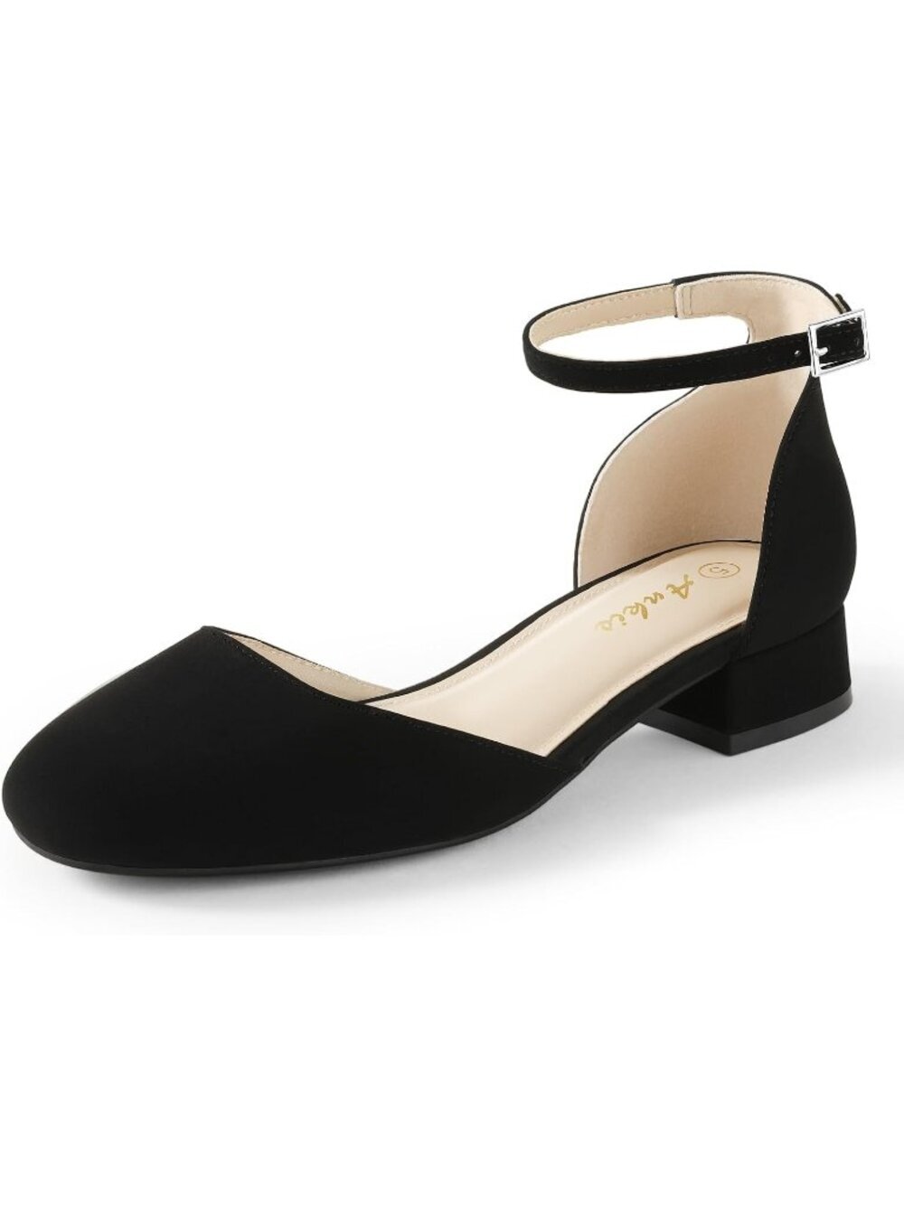 Women's Black Nu Buck Closed Toe 1 Inch Flat Low Block Heel Ankle Strap Shoes